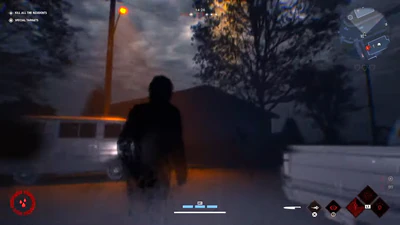 Halloween: The Game Michael Myers on a foggy suburban street at night with minimap HUD